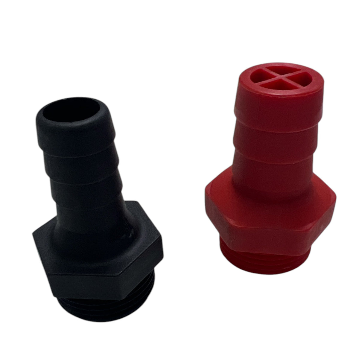 Male Bsp Hose barbs available in red and black, featuring a black and red barb on display.