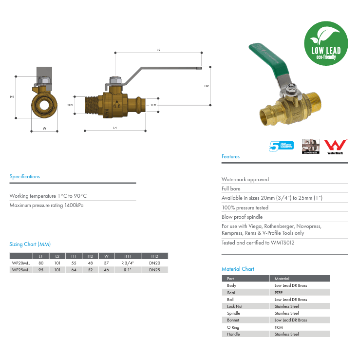 METPRESS Press Fit Ball Valve CU X MI Low Lead Lever Handle - Hose Factory
