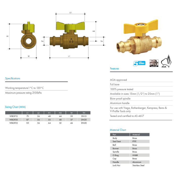 METPRESS Press Fit Gas Butterfly Handle Ball Valve CU x CU - Hose Factory