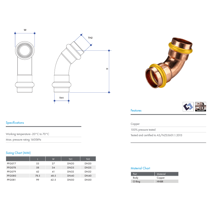 METPRESS Press Fit Gas Elbow 45° F & F - Copper - Hose Factory