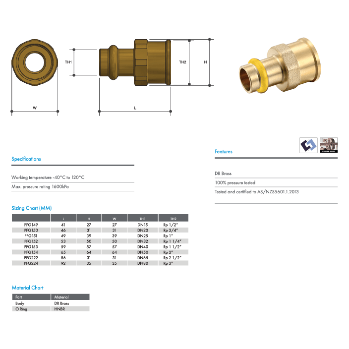 METPRESS Press Fit Gas Female Coupling Union - Brass - Hose Factory