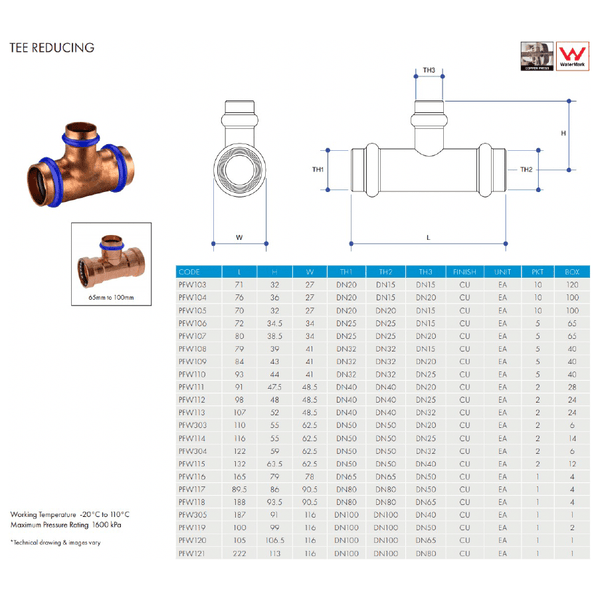 METPRESS Press Fit Tee Reducing - Copper Construction - Hose Factory