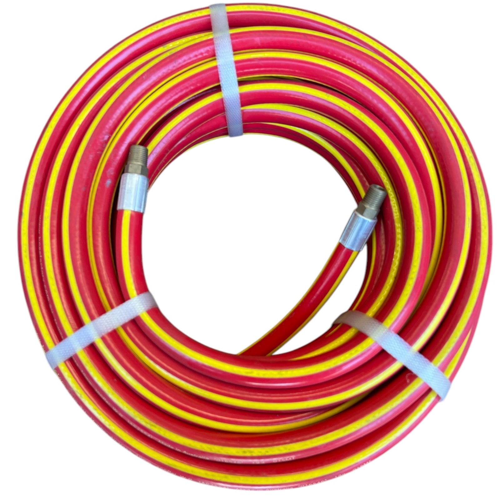 Multiflex 10mm Air Hose with 1/4" Male BSP Brass Fittings on a spool with red and yellow stripes.