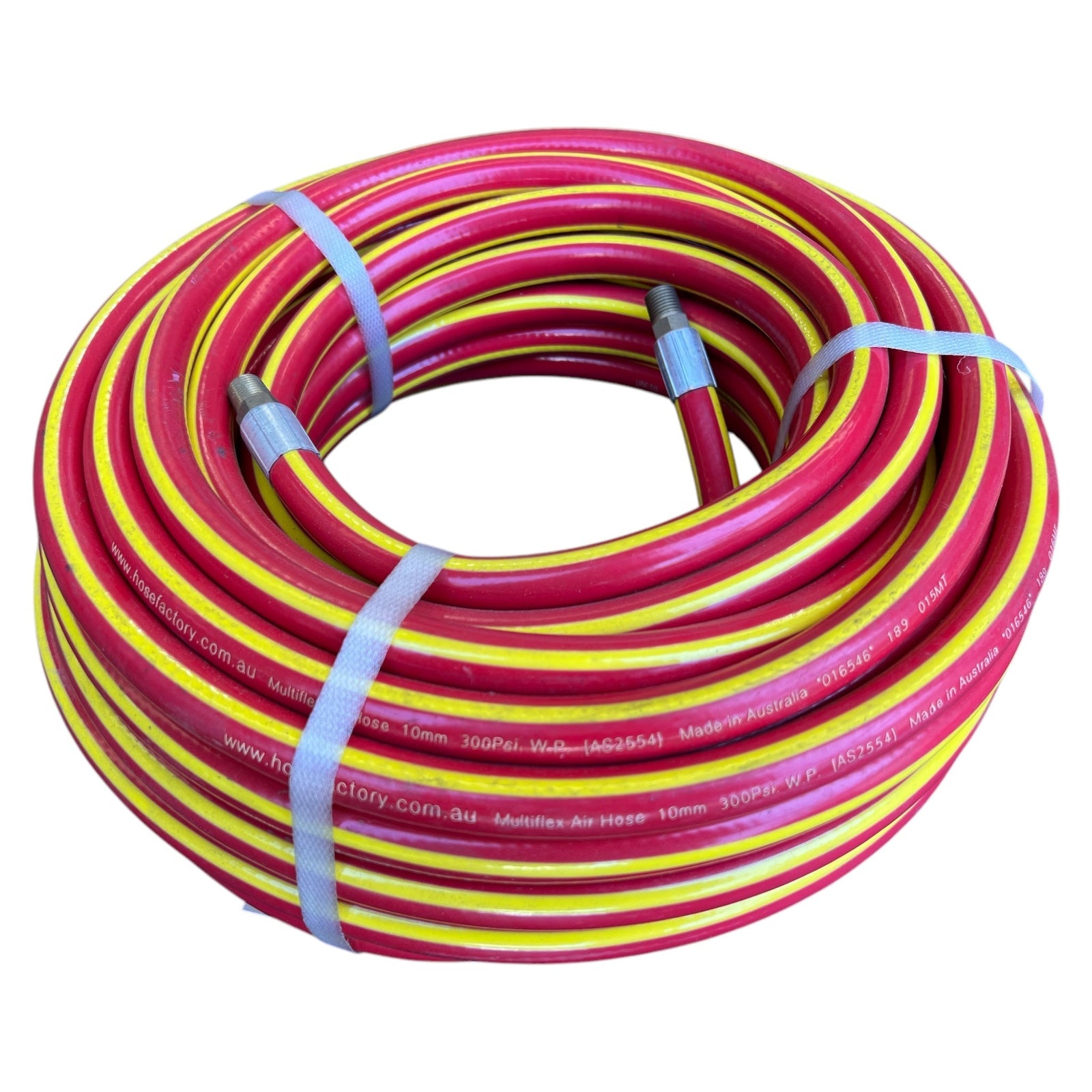Multiflex 10mm Air Hose with 1/4" Male BSP Brass Fittings, red and yellow striped PVC, ideal for air compressors and tools.