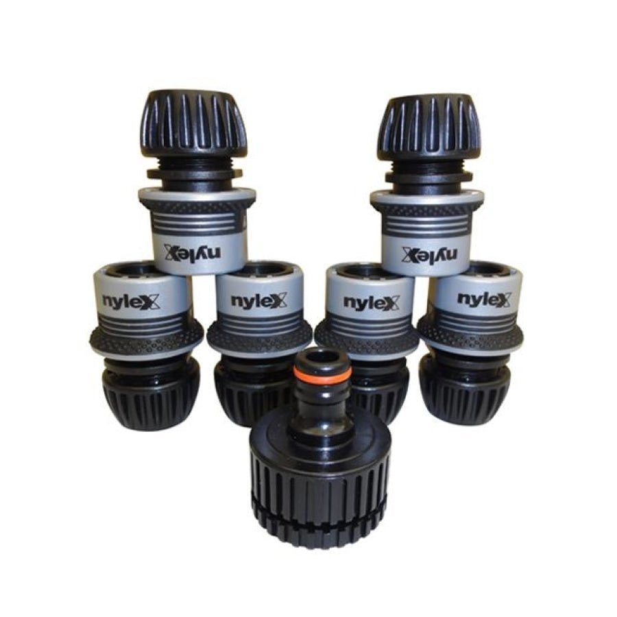 NYLEX Snap on Hose Connector 12mm (Qty 6), Universal Tap Adaptor (Qty 1) - Hose Factory