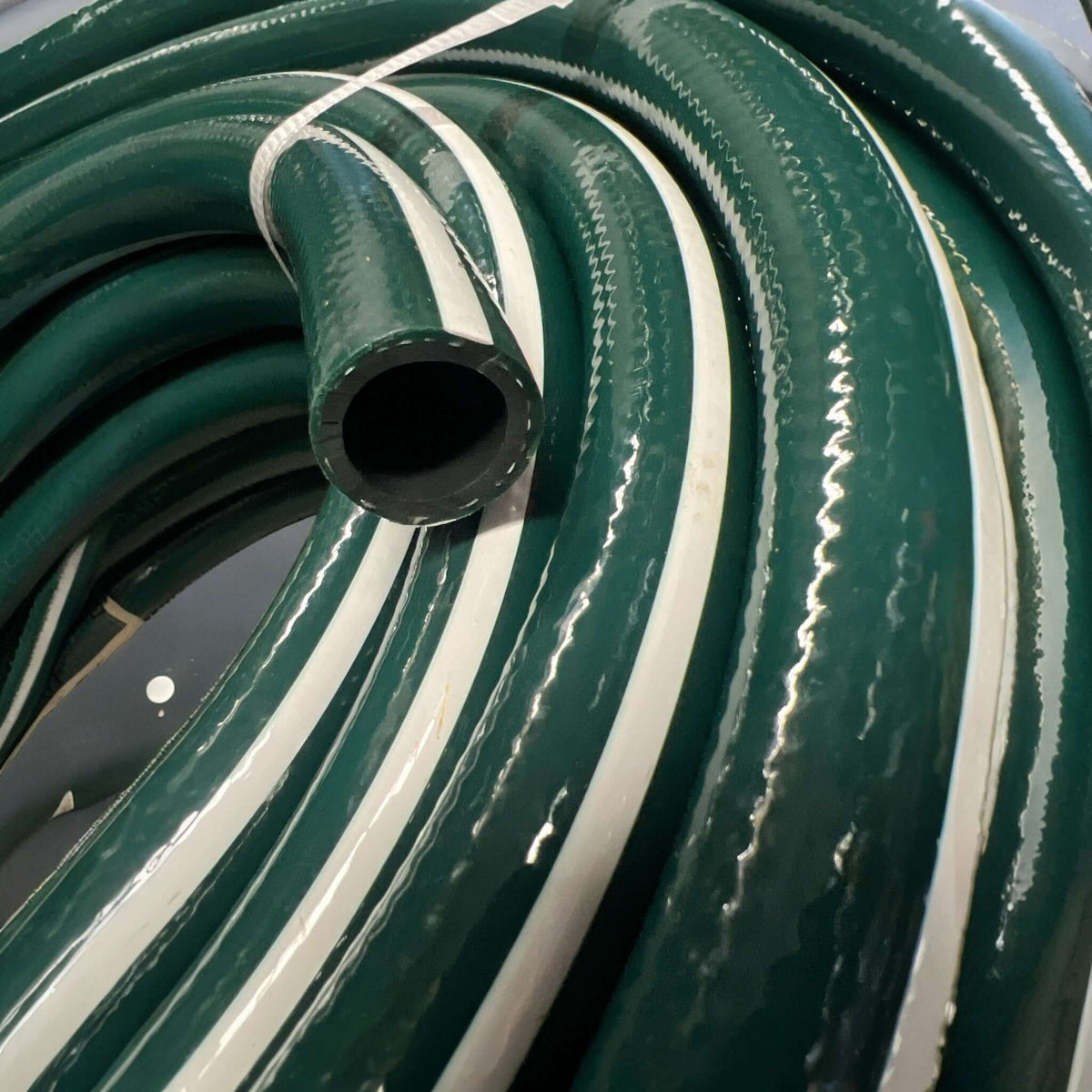 Premium Garden Hose 18mm Thick Braided UV Anti Kink Clearance coiled with dark green and white stripes.