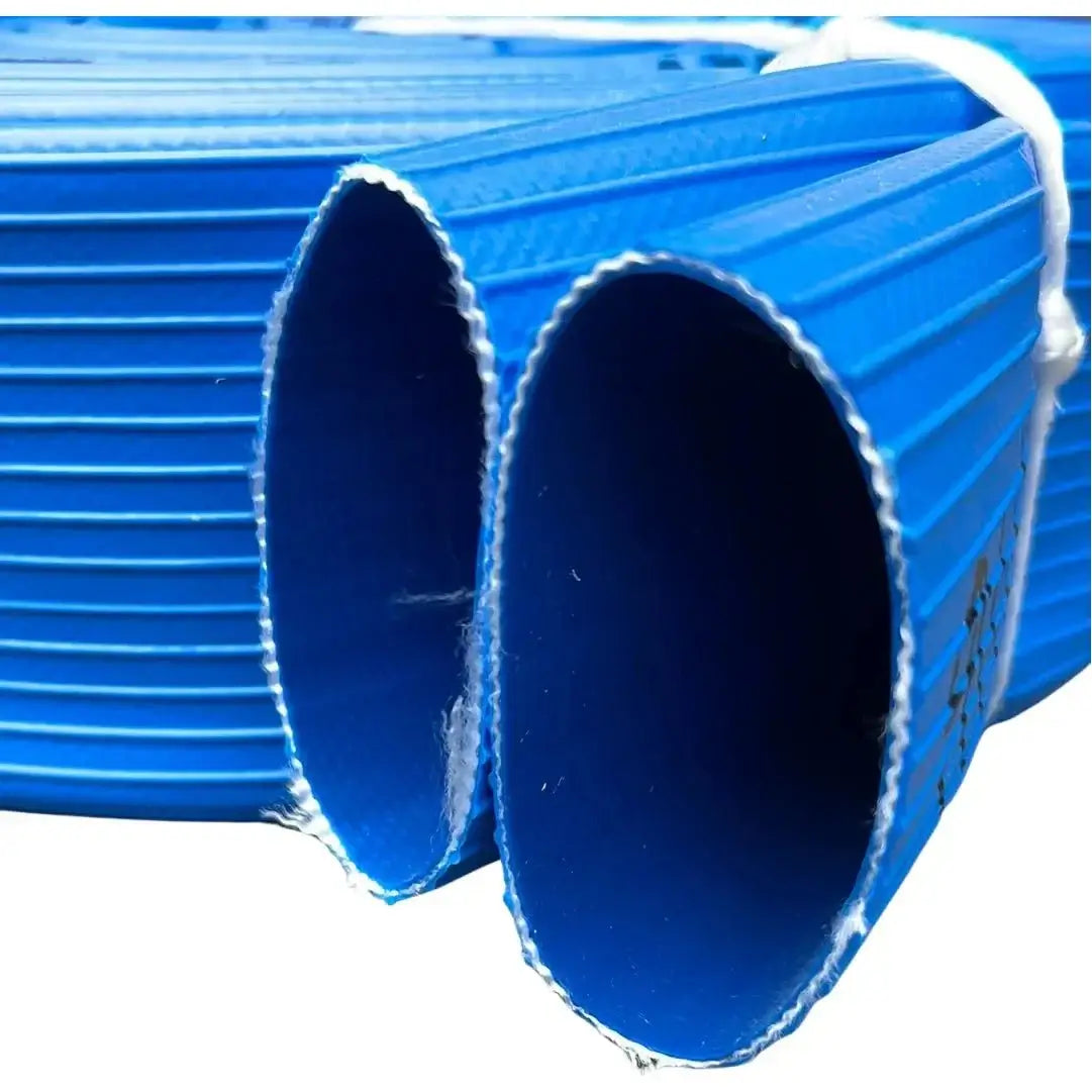 Rapier Heavy Duty Layflat Fire Hose Odd Lengths Made in Australia, showing a close-up of blue fire hose ends.