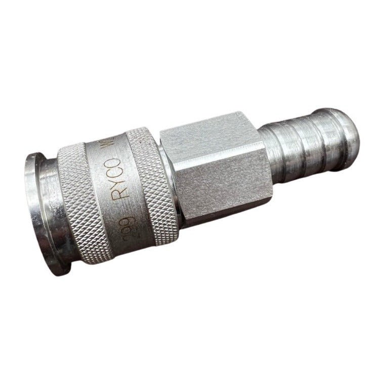 RYCO Genuine Steel Super-Hi-Flow Air Coupling with Hose Barb designed for efficient air tool connections.