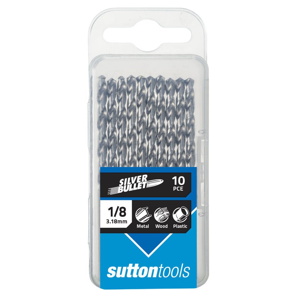Sutton Bullet Jobber Drill Bit HSS 10 Pack 1/8" (3.18mm) D1040318 in packaging for metal, wood, plastic use.