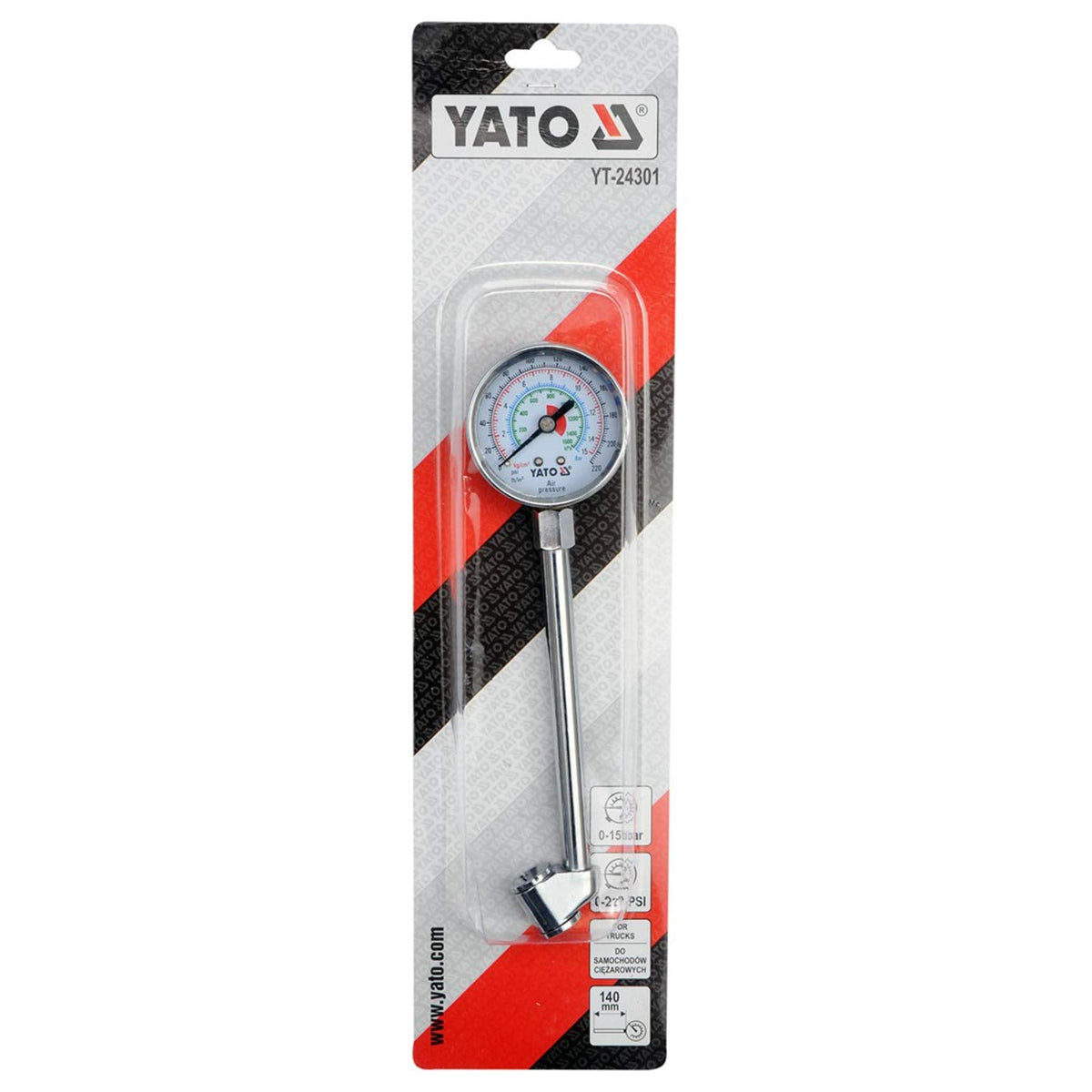 YATO YT-24301 Tire Pressure Gauge 15 Bar / Automobile Tools- Hose Factory