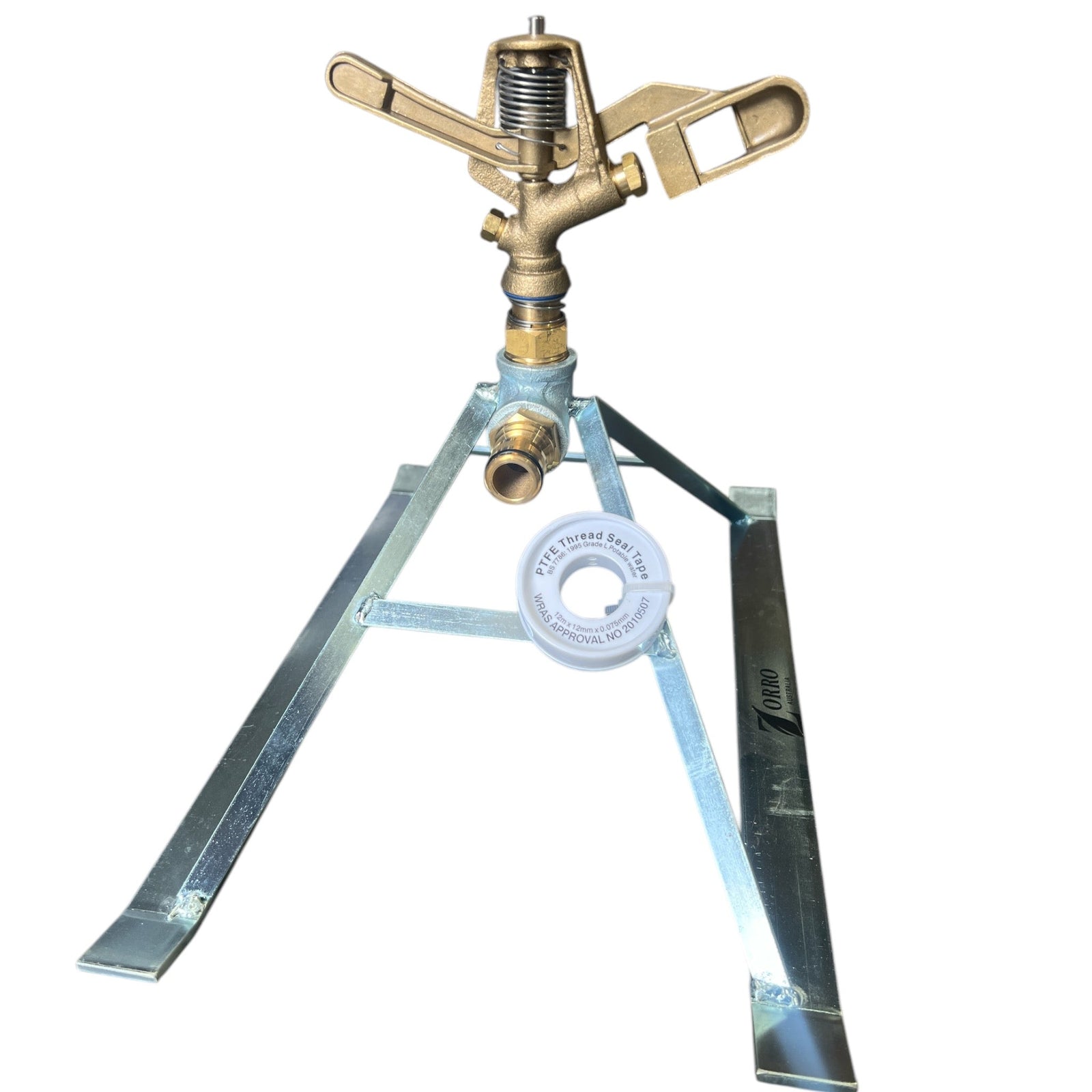 ZORRO Brass Full 360 Maxi-Flow Sprinkler on Heavy Duty Steel Skid 18mm for efficient irrigation in lawns and gardens.