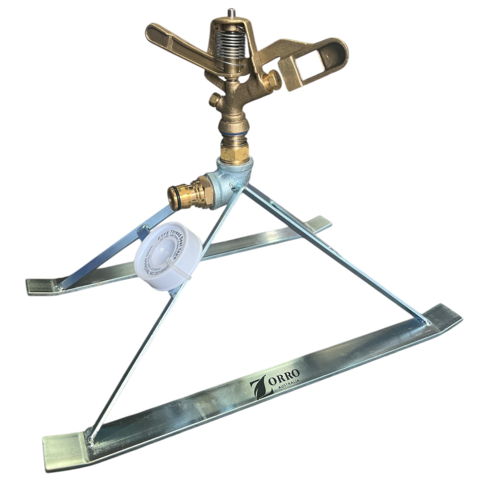 ZORRO Brass Full 360 Maxi-Flow Sprinkler on Heavy Duty Steel Skid 18mm for effective lawn and garden irrigation.