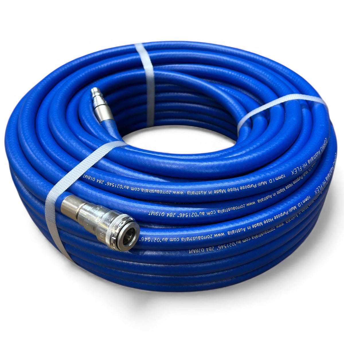 ZORRO Hi-Flex Air Hose with Crimped Genuine Nitto Air Fittings coiled ready for use.