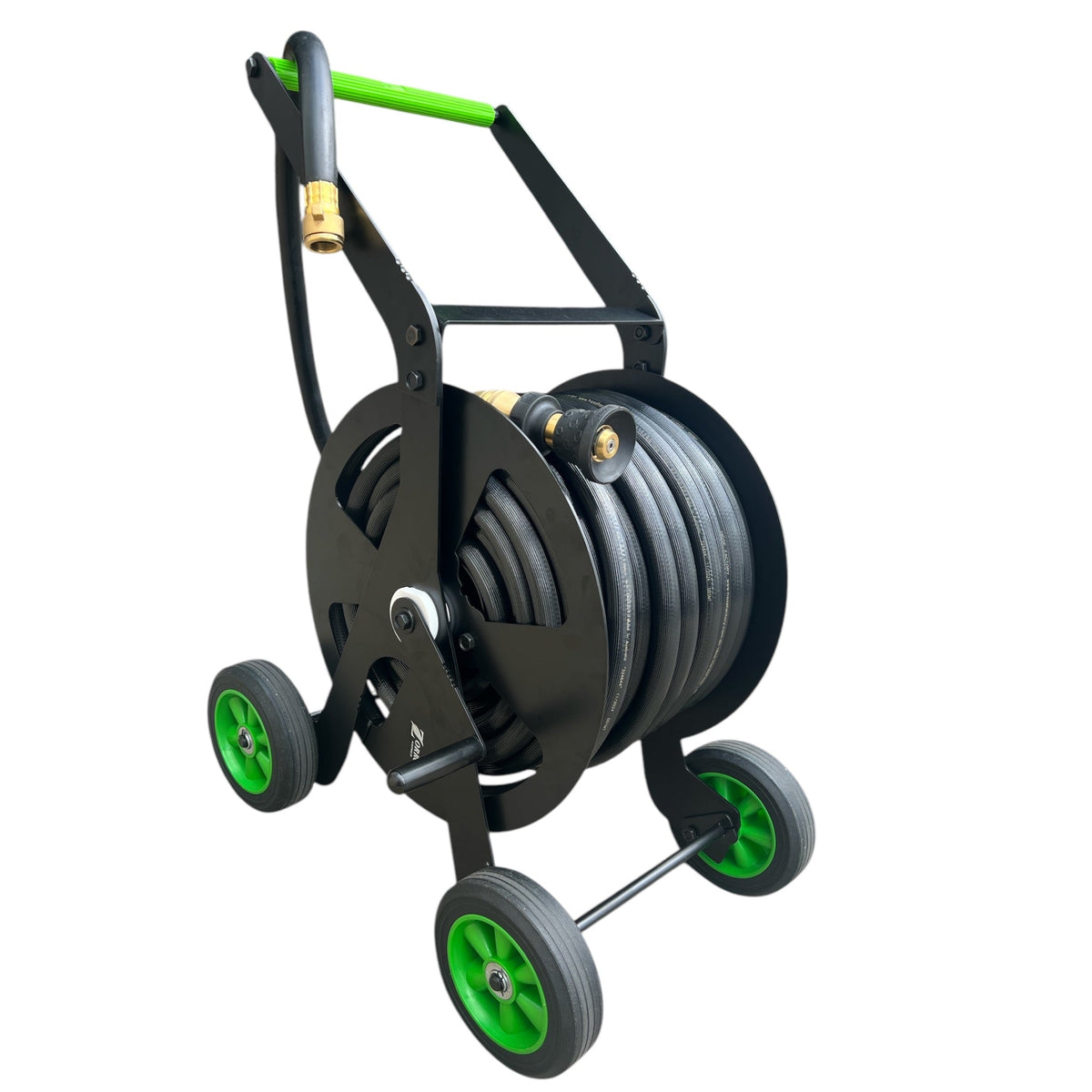 ZORRO Pro Industrial Hose Trolley w Fire Hose & Twist Nozzle Bundle with durable hose and wheels for easy transportation.