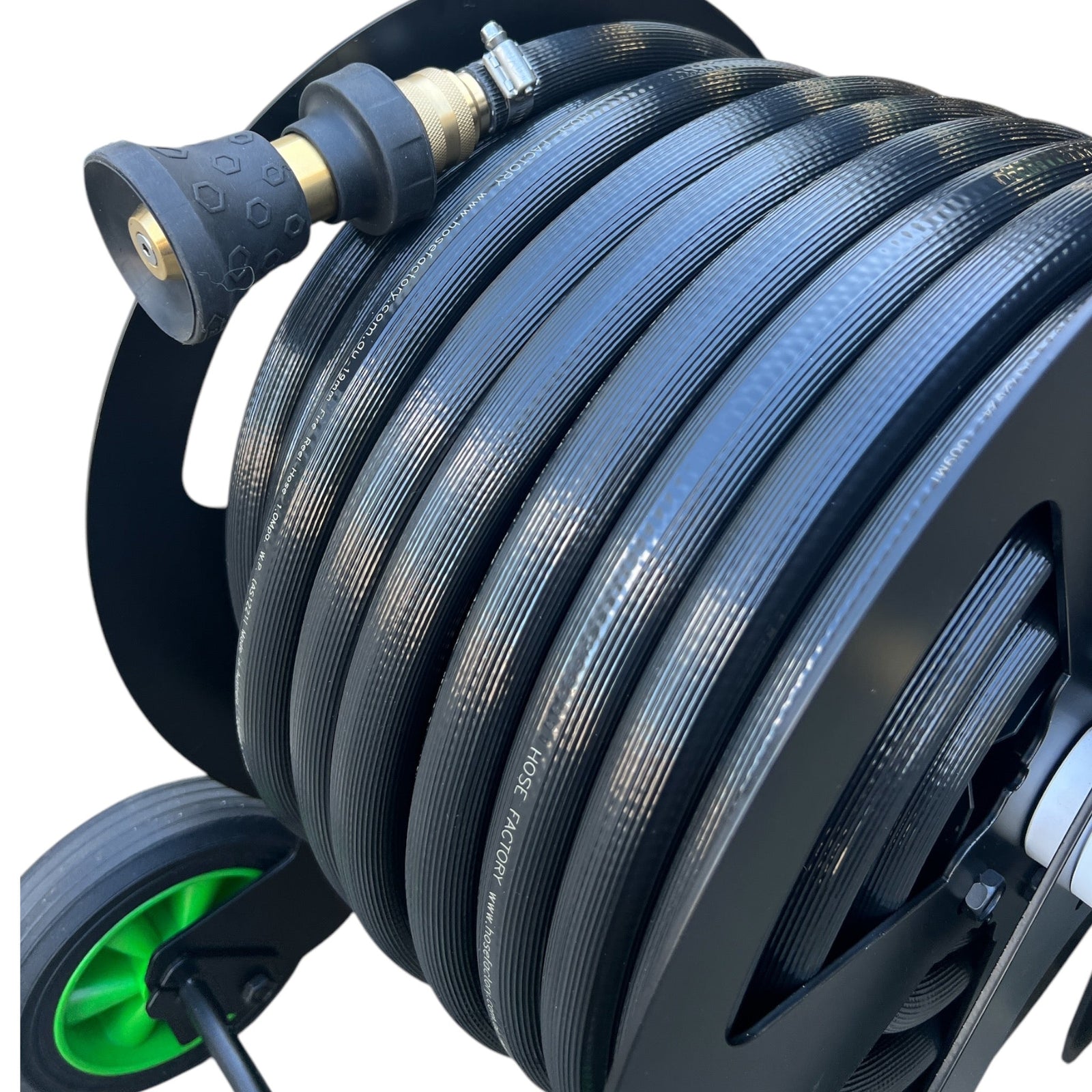 ZORRO Pro Industrial Hose Trolley w Fire Hose & Twist Nozzle Bundle featuring a tightly coiled fire hose and twist nozzle.