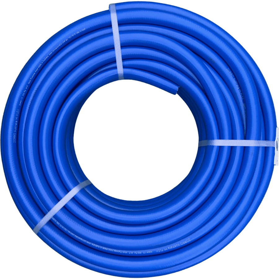 ZORRO PRO Stainless Steel Reel & Hi-Flex Air, Chemical, Water Hose bundle featuring a coiled blue hose.