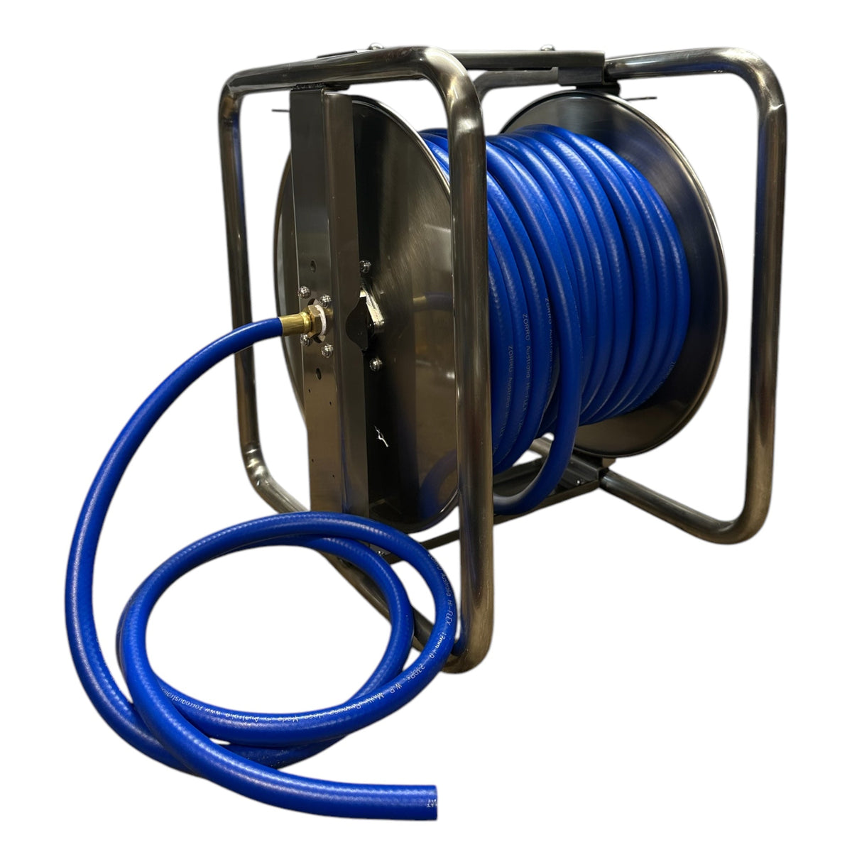 ZORRO PRO Stainless Steel Reel &amp; Hi-Flex Air, Chemical, Water Hose Bundle with blue hose on a stainless steel frame.