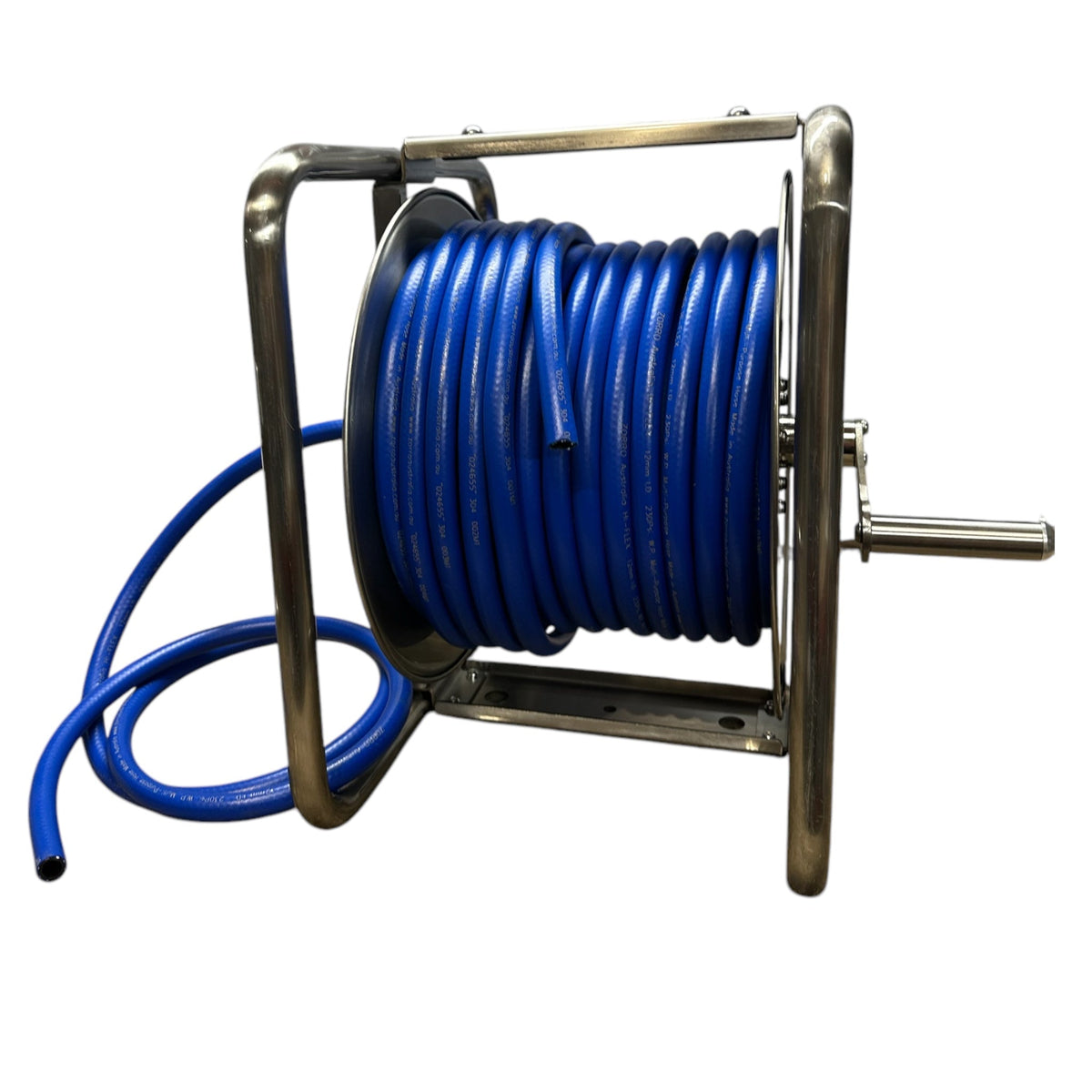 ZORRO PRO Stainless Steel Reel & Hi-Flex Air, Chemical, Water Hose Bundle with blue hose on stainless steel reel.