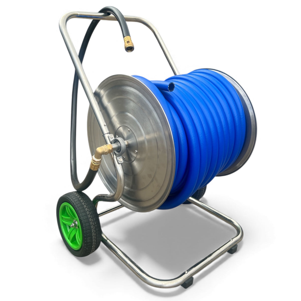 ZORRO Stainless Steel 2 Wheel Cart with ZORRO Hi-Flex Hose featuring a blue hose reel and solid tyres.