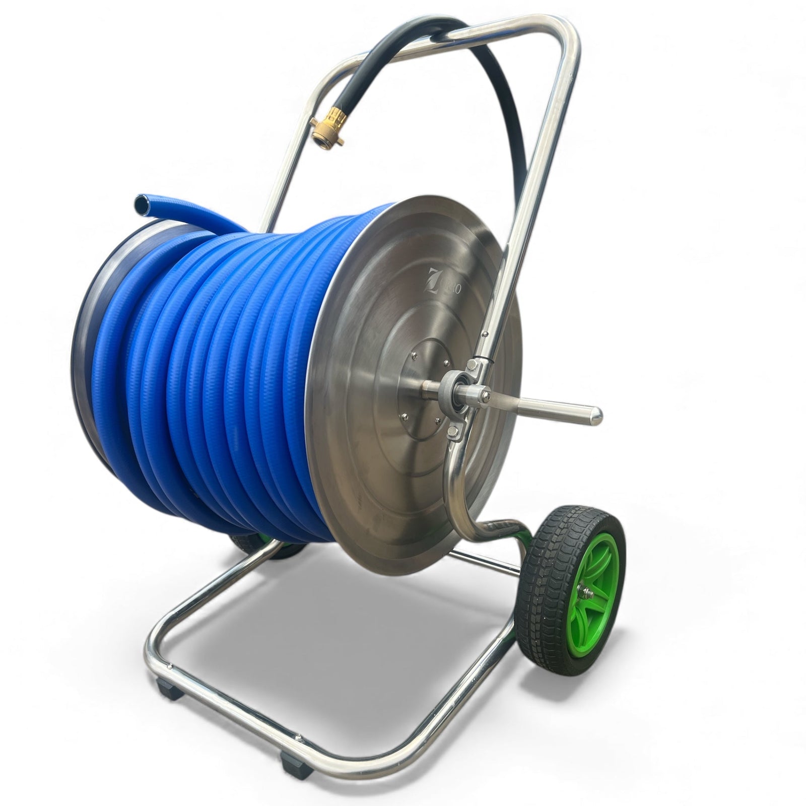 ZORRO Stainless Steel 2 Wheel Cart with ZORRO Hi-Flex Hose featuring blue hose and green wheels on a stainless steel frame.