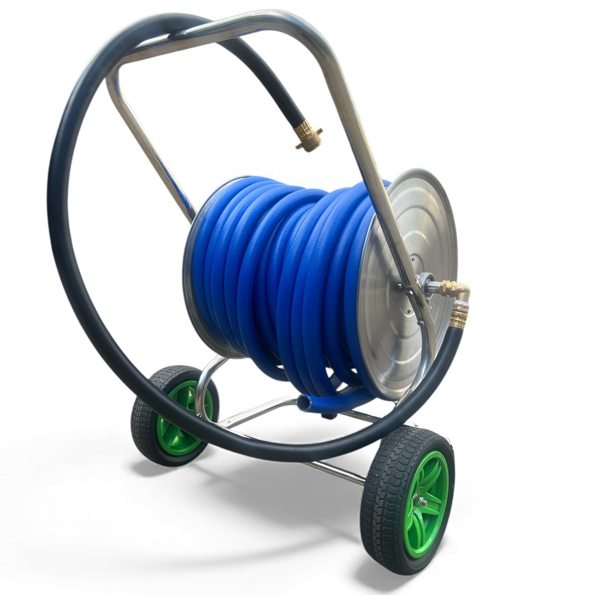 ZORRO Stainless Steel 2 Wheel Cart with ZORRO Hi-Flex Hose holding blue hose on a sturdy cart with green wheels.