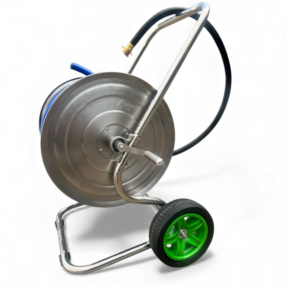 ZORRO Stainless Steel 2 Wheel Cart with ZORRO Hi-Flex Hose showing a steel reel and bright green wheels.