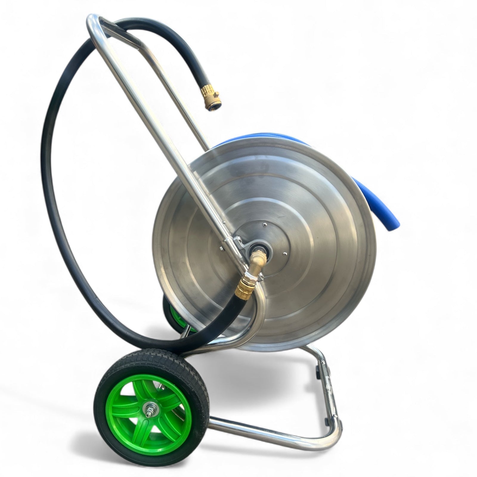 ZORRO Stainless Steel 2 Wheel Cart with ZORRO Hi-Flex Hose showcasing stainless steel construction and solid tyres.