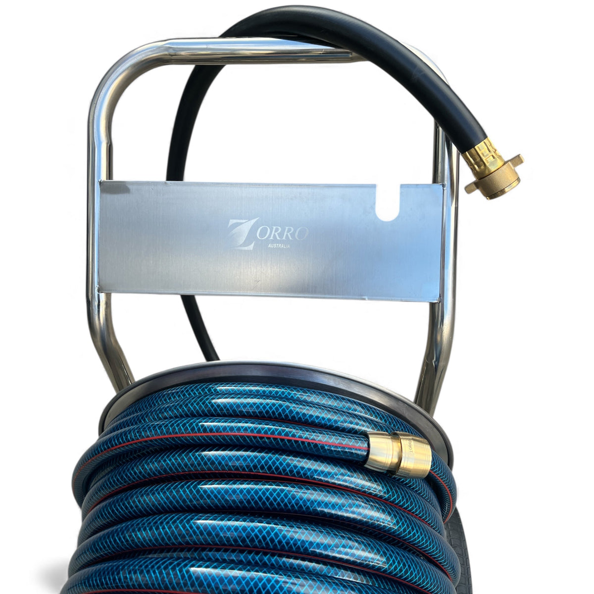 ZORRO Stainless Steel 4 Wheel Trolley with Ozflex Hose & Brass Connector - Hose Factory