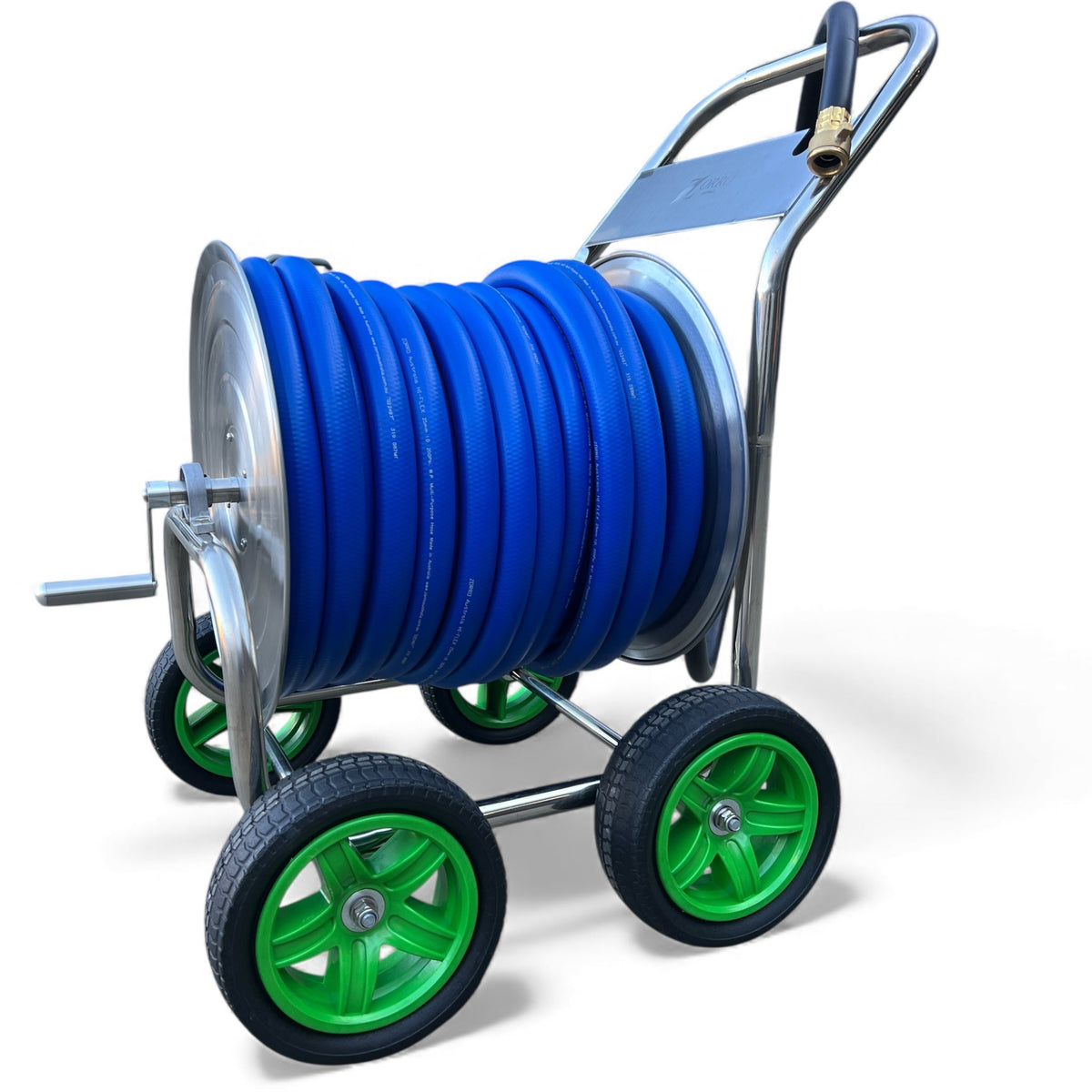 ZORRO Stainless Steel Trolley with Hi-Flex Multi-Purpose Hose featuring blue hose and green wheels.