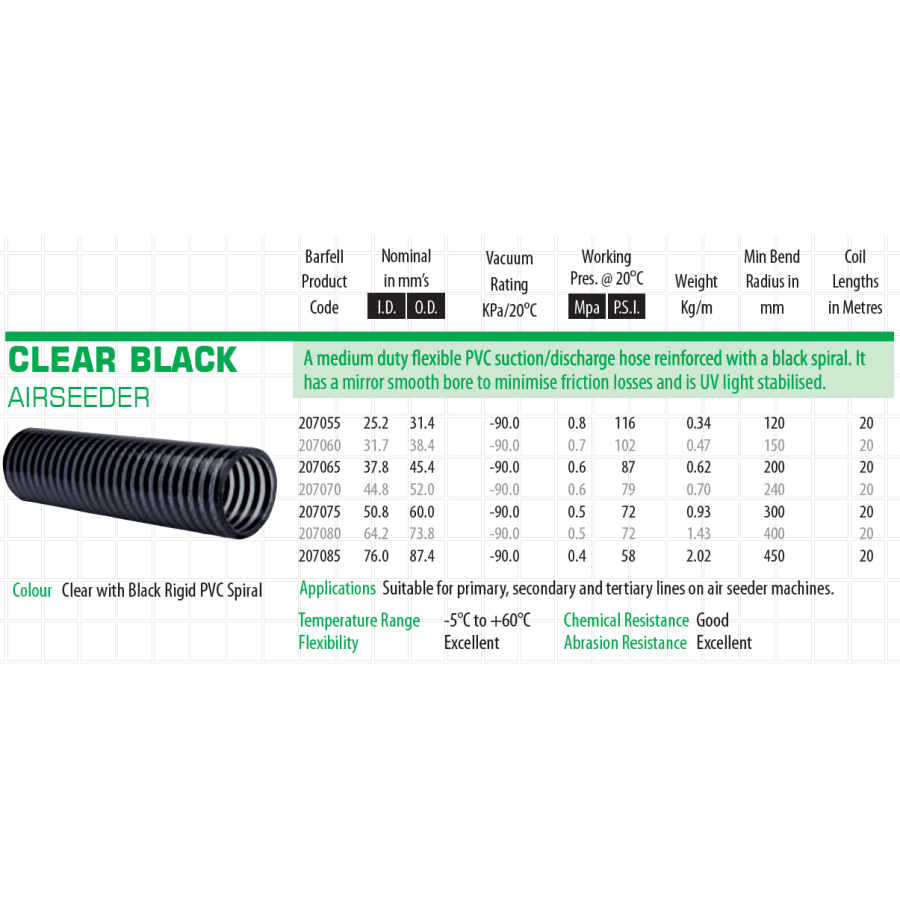 Barfell Clear Black Air Seeder Suction Hose Hoses