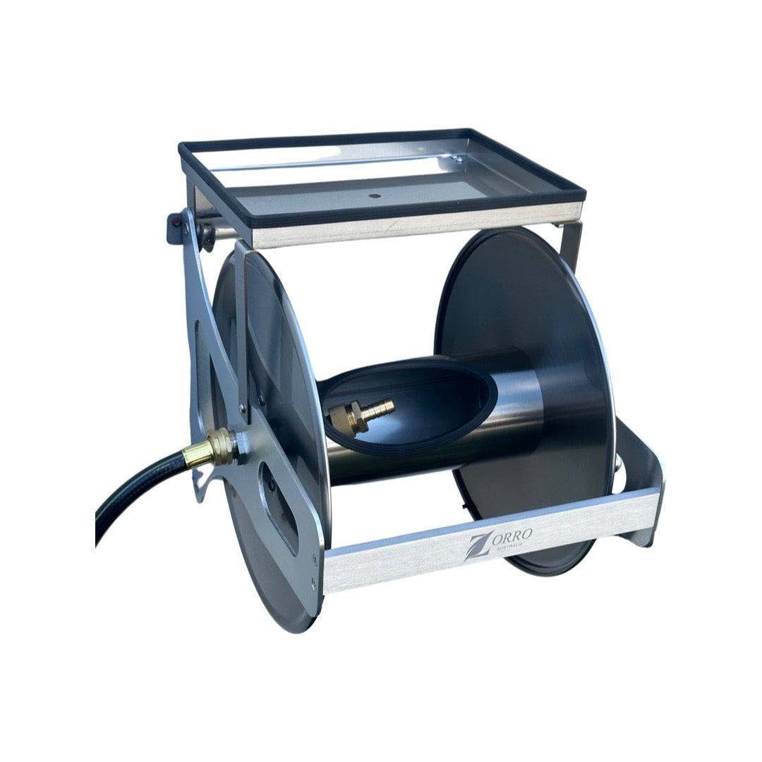 ZORRO Compact Stainless Steel Mountable Reel with Shelf & Extension Hose