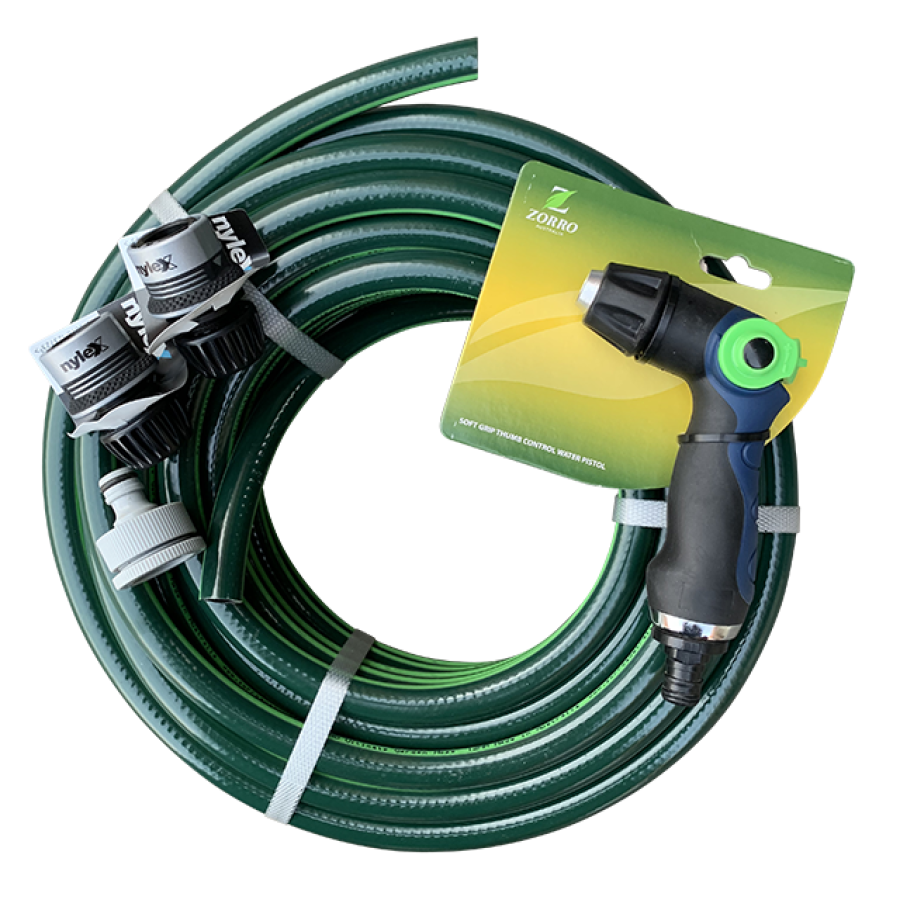 ZORRO ULTIMATE Heavy Duty Rubber 12mm Garden Hose with set of Nylex Fittings & Trigger Gun 