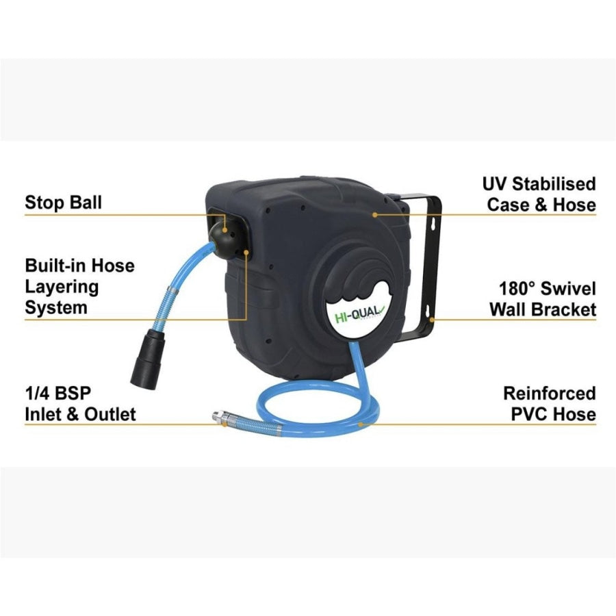 Hi-Qual Compact Retractable Air Hose Reel 3/8 X 14M Reels Carts & Hangers