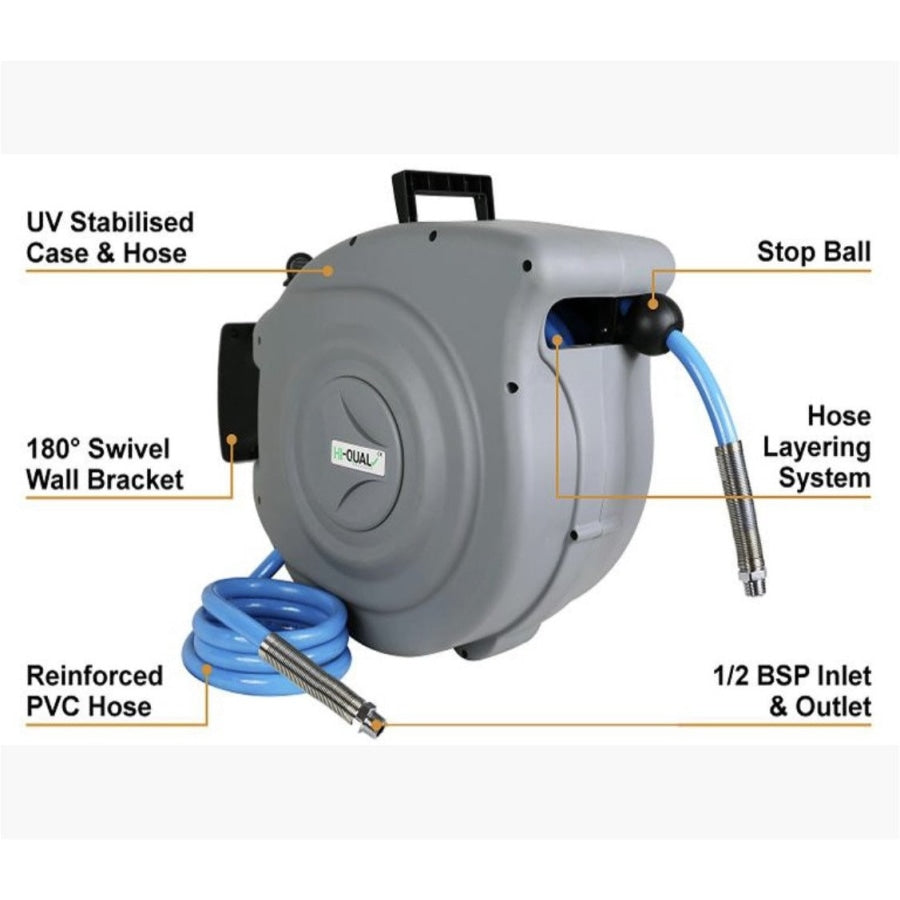 Hi-Qual Retractable Air Water Hose Reel 1/2” X 20mt Hose Factory