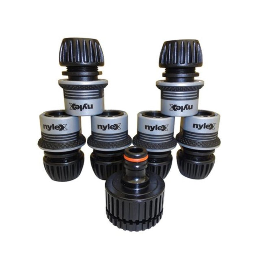 NYLEX Snap on Hose Connector 12mm (Qty 6), Universal Tap Adaptor (Qty 1) - Hose Factory