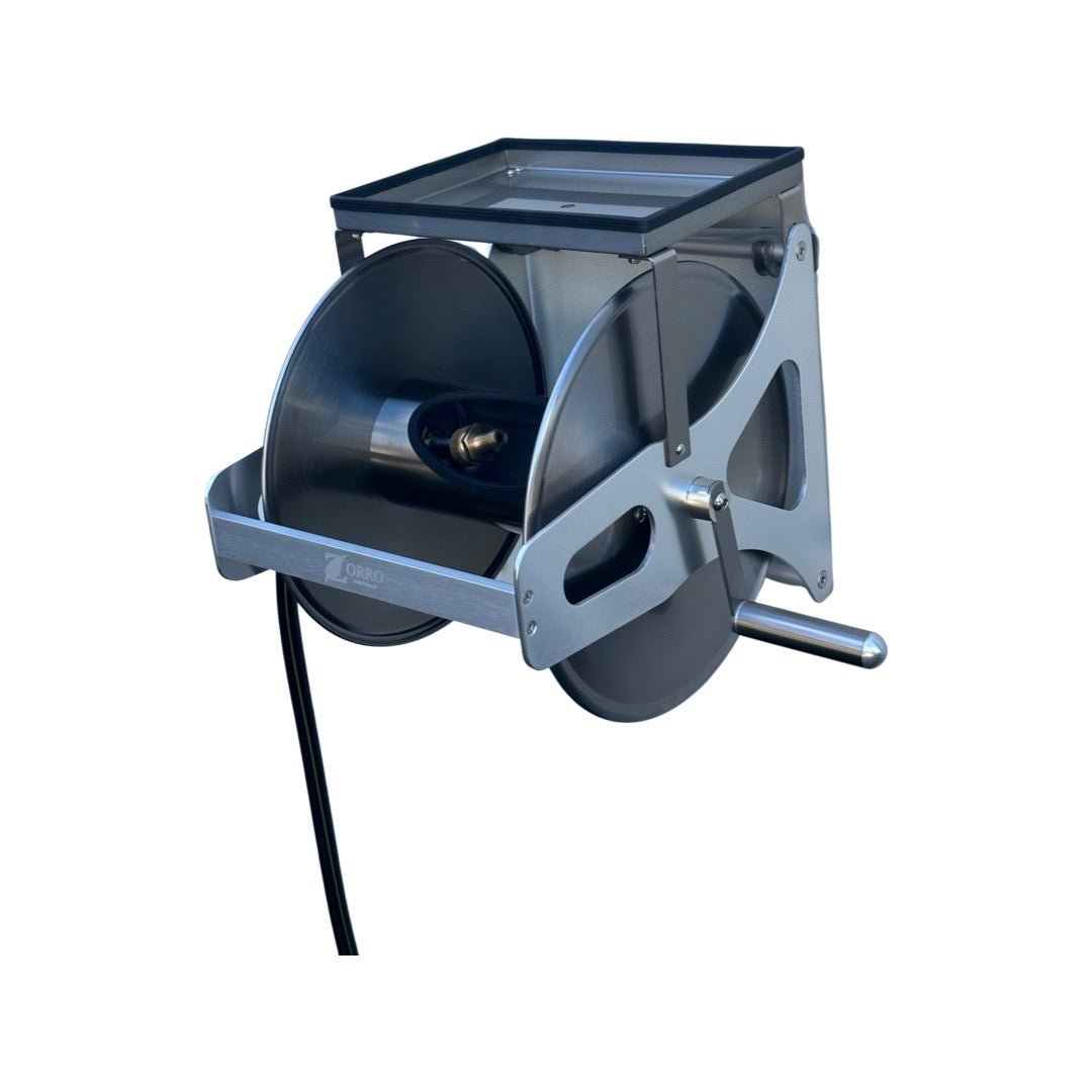 ZORRO Compact Stainless Steel Mountable Reel with Shelf & Extension Hose - Hose Factory
