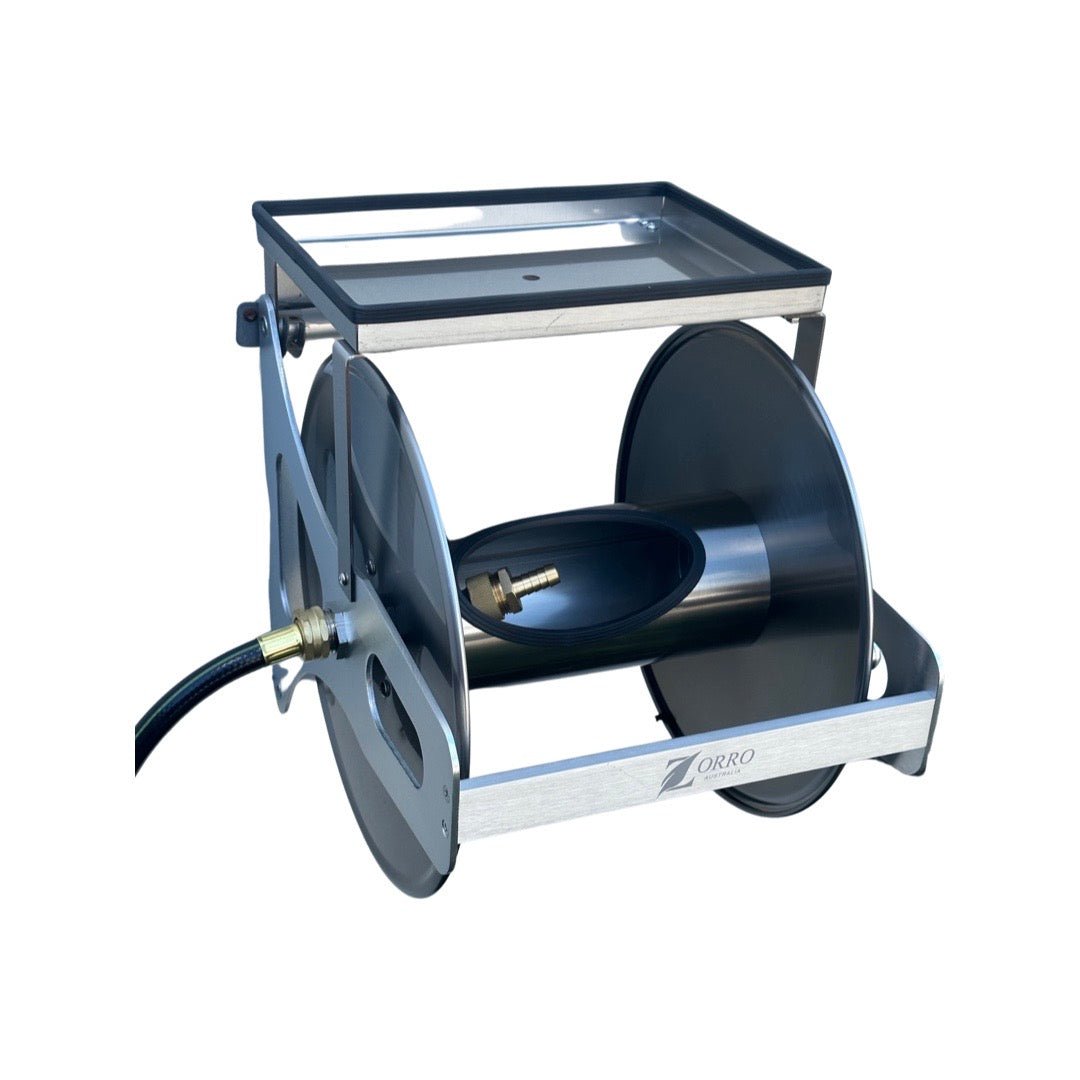 ZORRO Compact Stainless Steel Mountable Reel with Shelf &amp; Extension Hose - Hose Factory