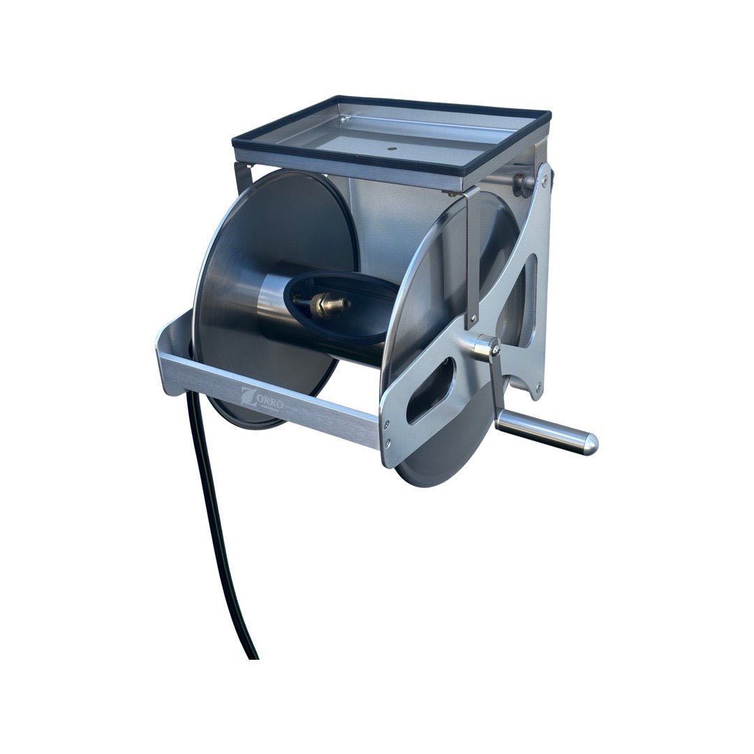 ZORRO Compact Stainless Steel Mountable Reel with Shelf & Extension Hose - Hose Factory