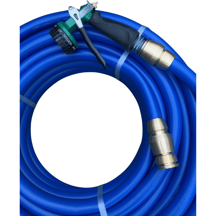ZORRO Hi-Flex Extreamly Flexible Garden Hose with Brass & Ryset 8 Pattern Trigger Set - Hose Factory