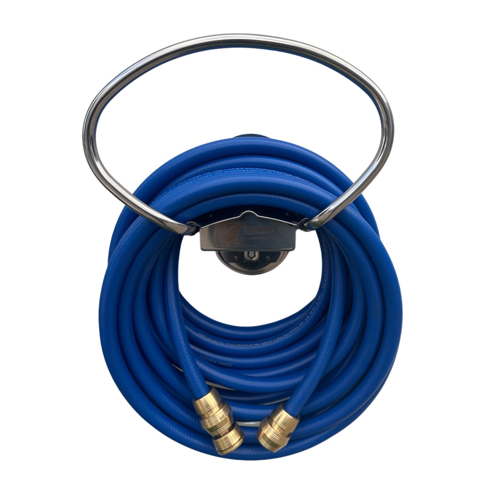 ZORRO Hi-Flex Garden Hose with 3 Piece Brass Fittings & ZORRO SS Hanger Bundle coiled in stainless steel holder