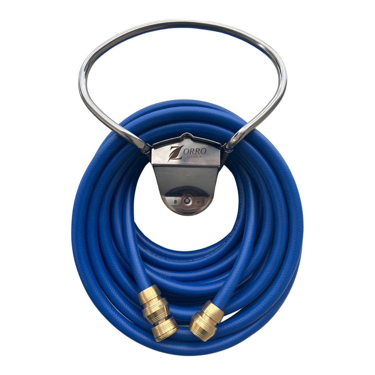 ZORRO Hi-Flex Garden Hose with 3 Piece Brass Fittings & ZORRO SS Hanger Bundle displayed on a white background.