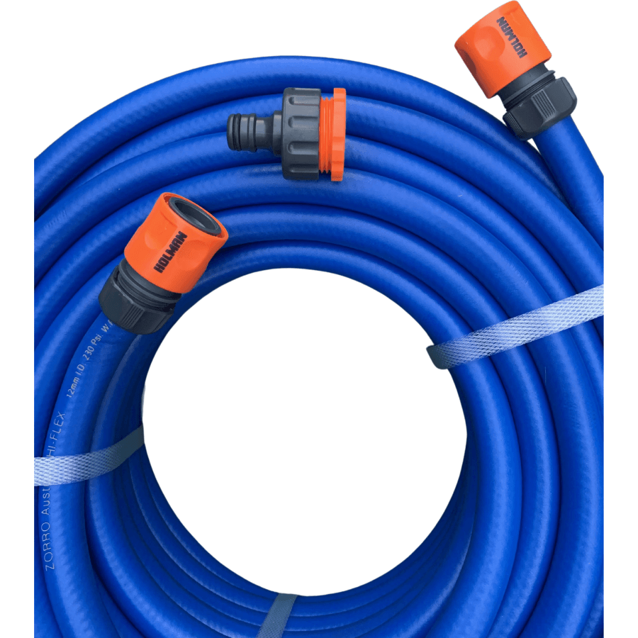 ZORRO Hi-Flex Garden Hose with 3 Piece Plastic Fittings & ZORRO SS Hanger Bundle displayed on a white background.