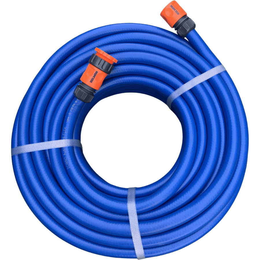 ZORRO Hi-Flex Garden Hose with 3 Piece Plastic Fittings & ZORRO SS Hanger Bundle in blue, showcasing flexible design.