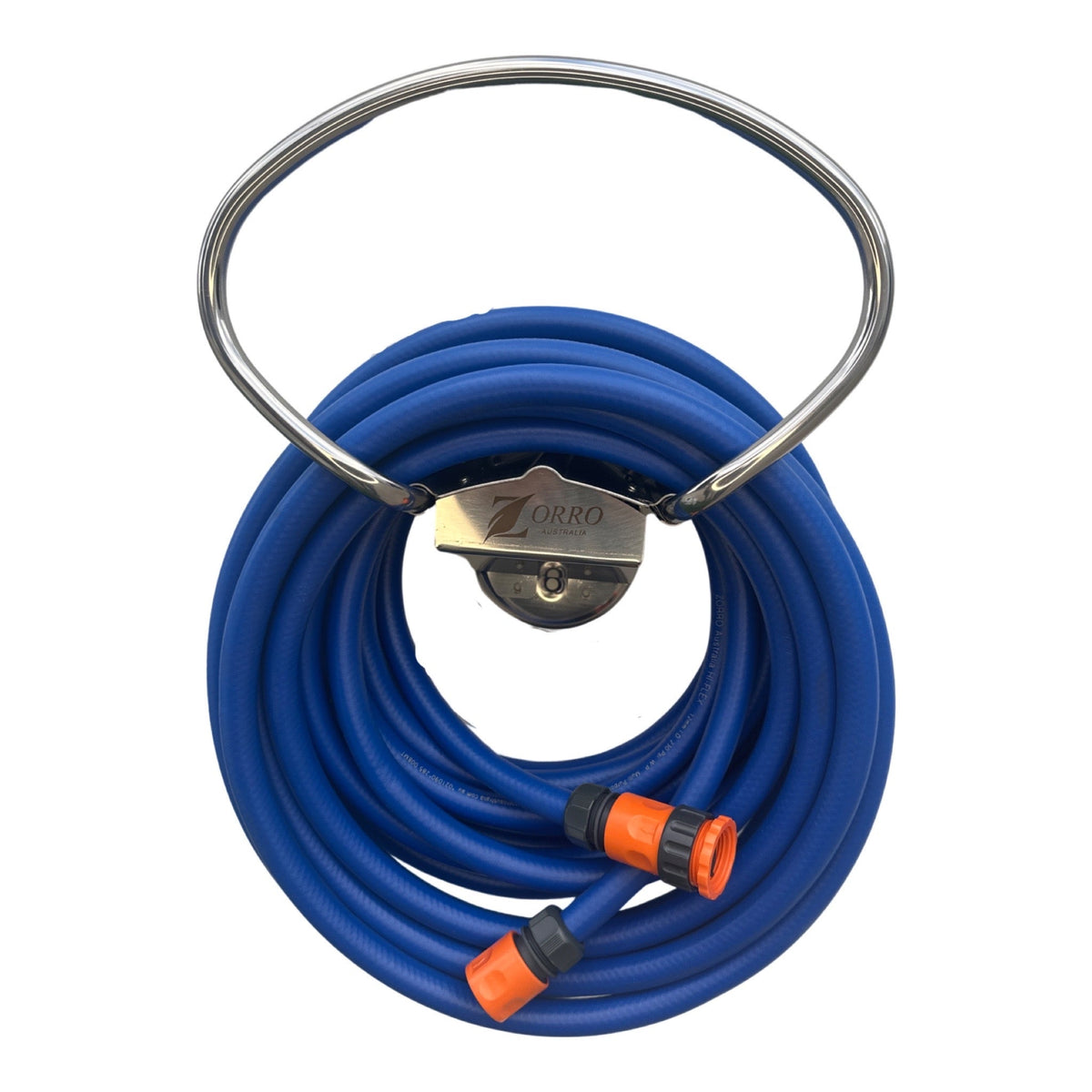 ZORRO Hi-Flex Garden Hose with 3 Piece Plastic Fittings &amp; ZORRO SS Hanger Bundle in blue with chrome hanger.