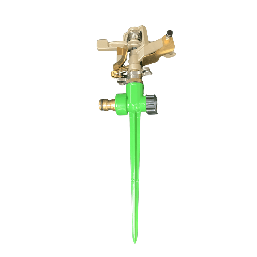 Zorro Zinc Impulse Adjustable Sprinkler on Green Spike - Hose Factory